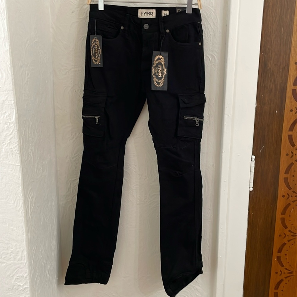 FWRD DENIM Kids True Stacked Denim Cargo Jeans Size 14 in Jet Black